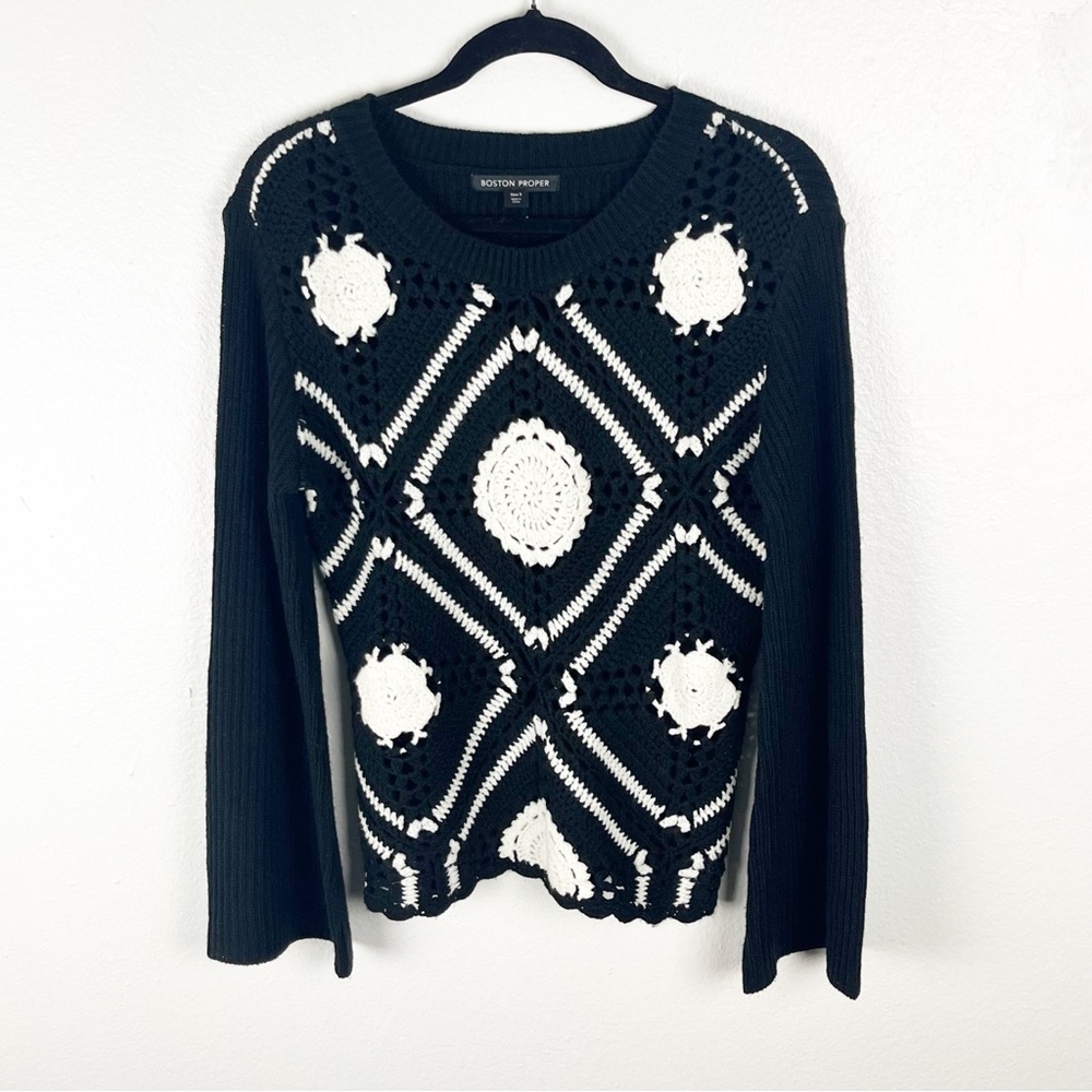BOSTON PROPER Black White Crochet Knit Ribbed Long Sleeves Sweater Size Small